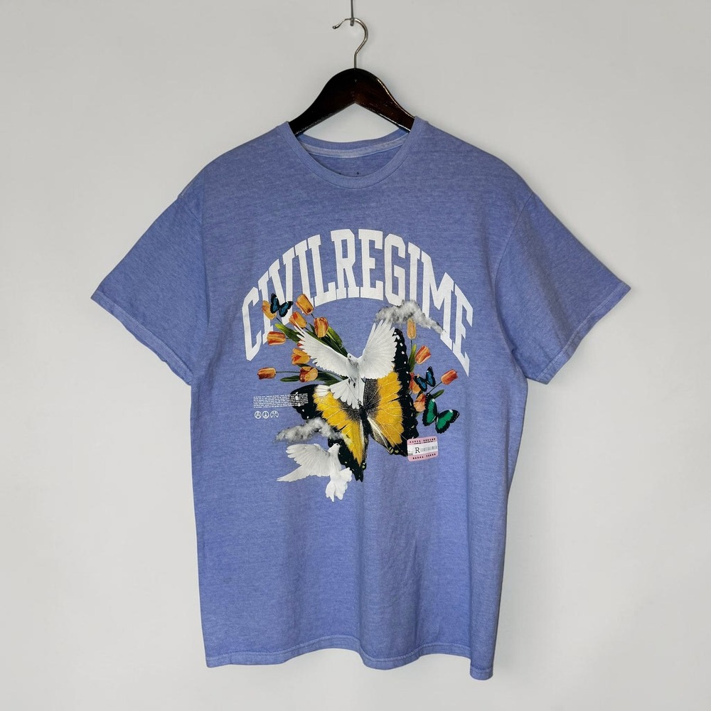 Civil Regime Shirt Light Blue Periwinkle Unisex Streetwear Tee Butterfly Dove M